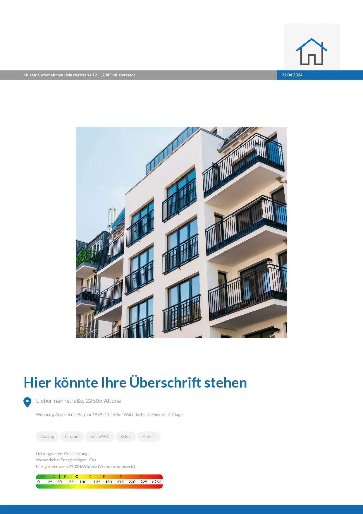 Immobilien-Exposé mit Objektbild sowie Objekt- und Lagebeschreibung